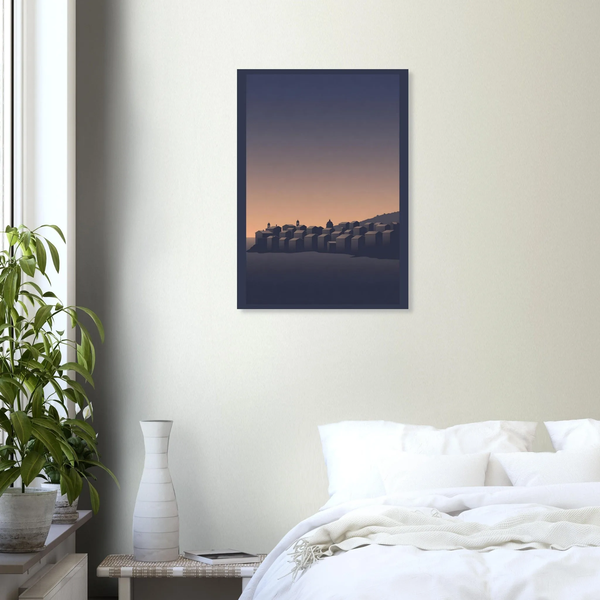 Silhouette skyline poster of Vernazza — warm minimalist design, from €19