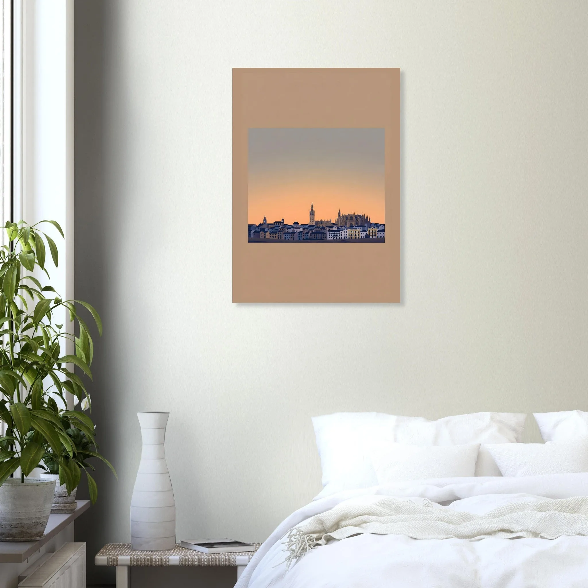 Silhouette skyline poster of Sevilla — warm minimalist design, from €19