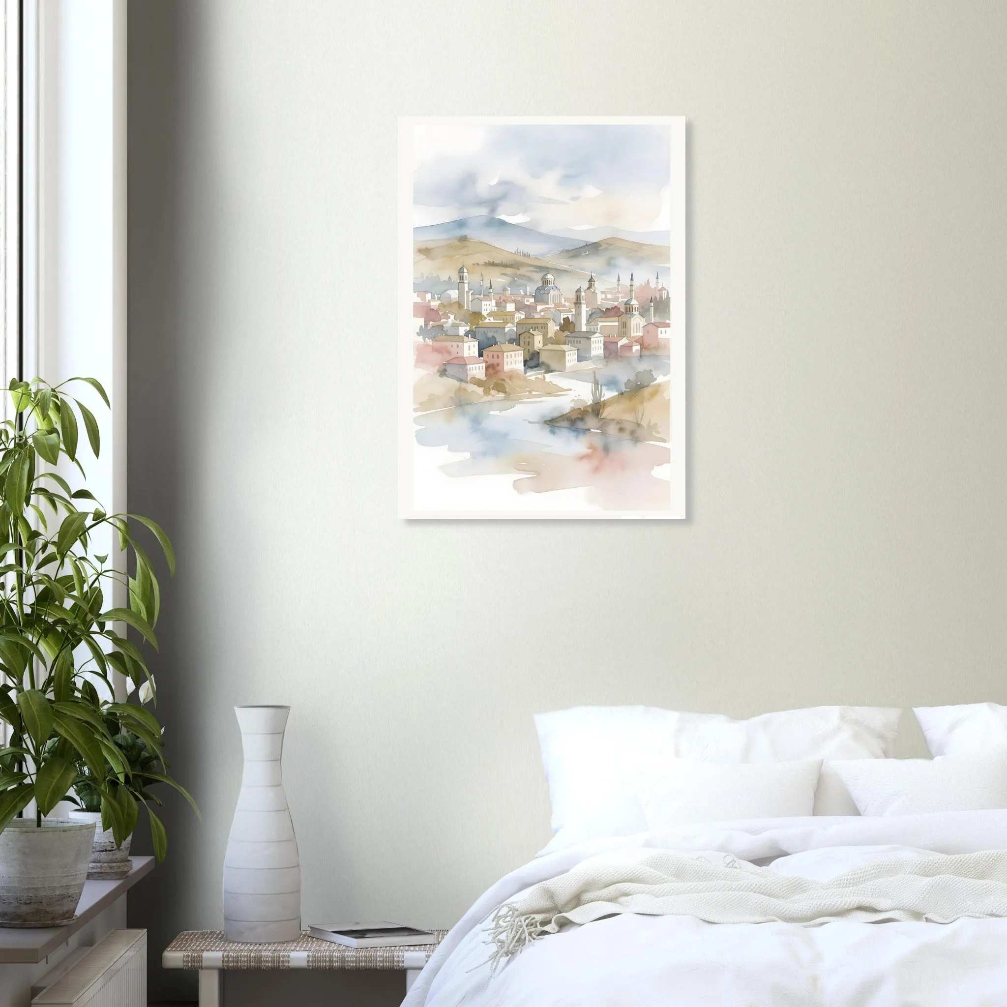 Watercolour landscape poster of София — warm minimalist design, from €19