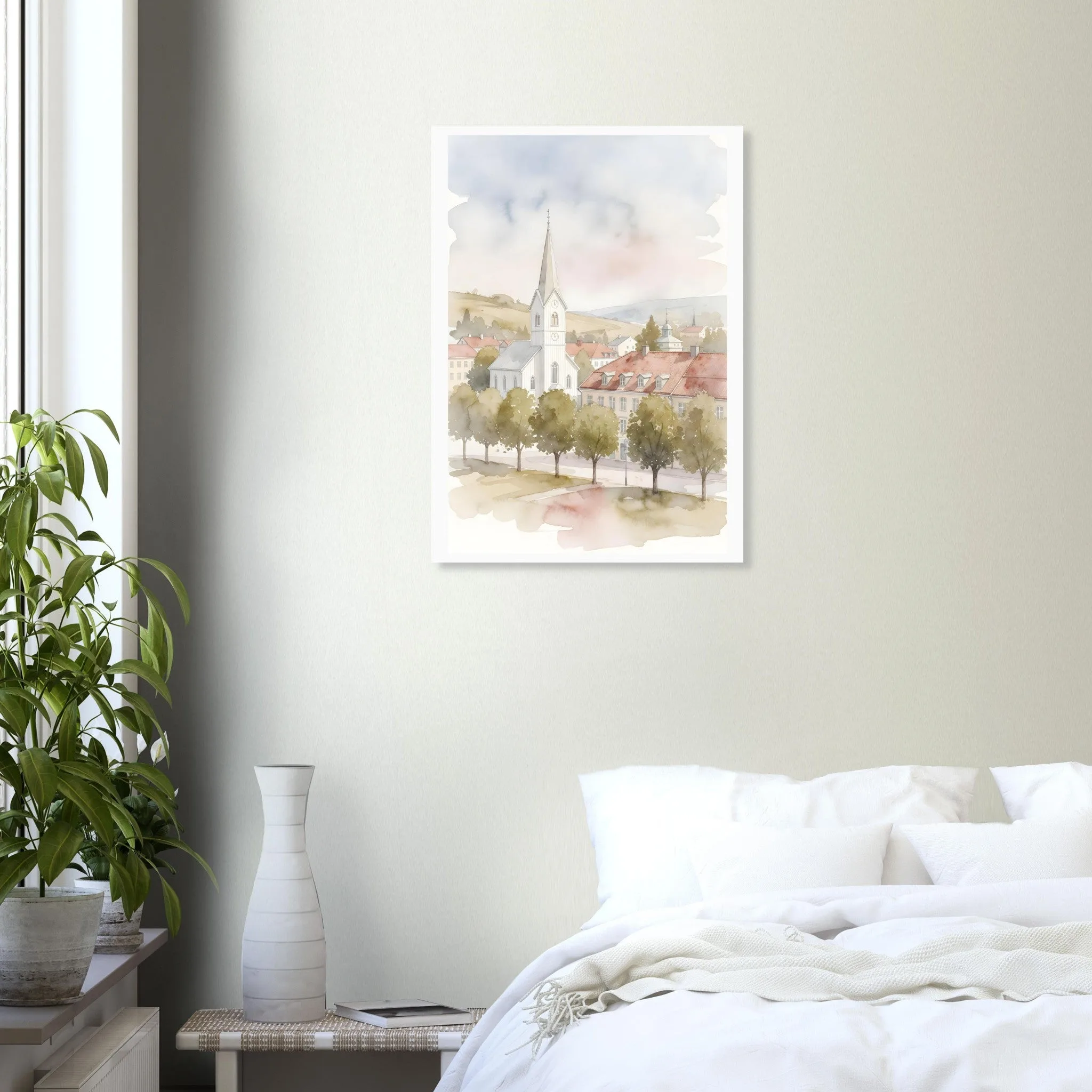 Watercolour landscape poster of Kungsbacka — warm minimalist design, from €19