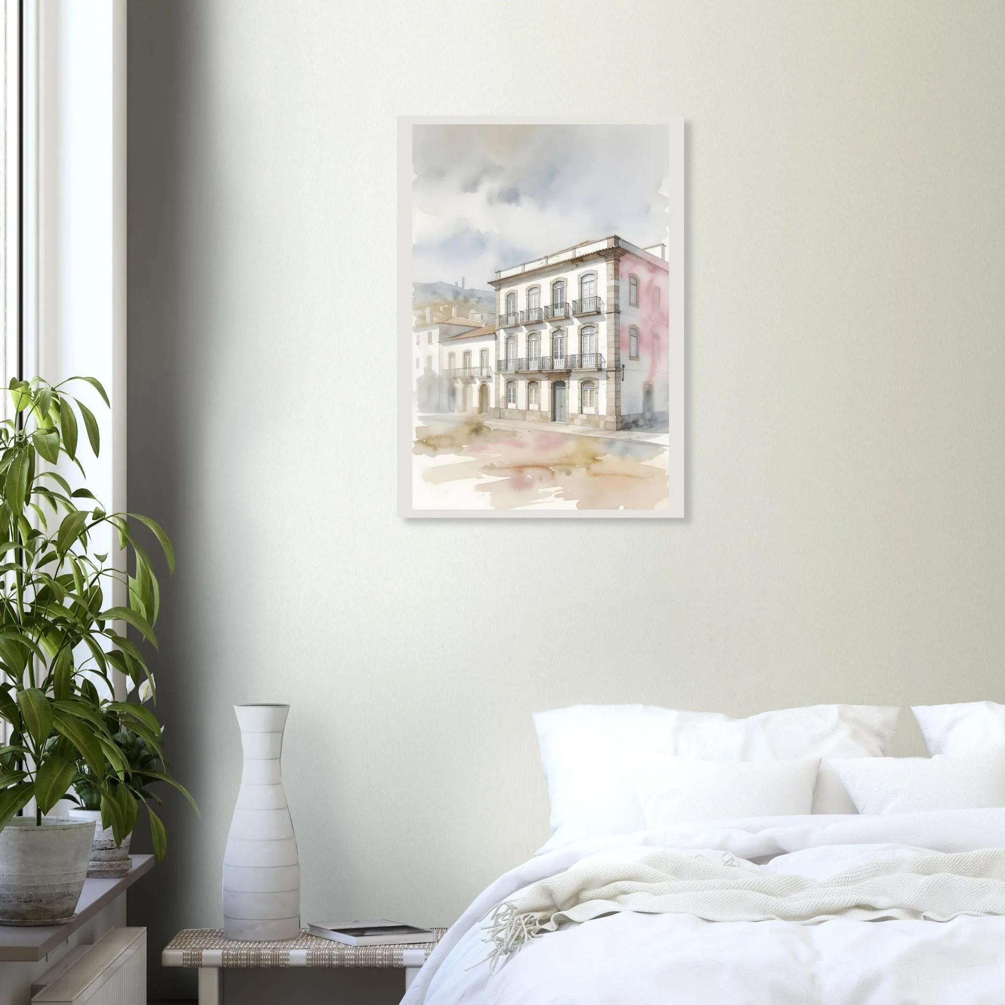 Watercolour landscape poster of Oliveira de Azeméis — warm minimalist design, from €19