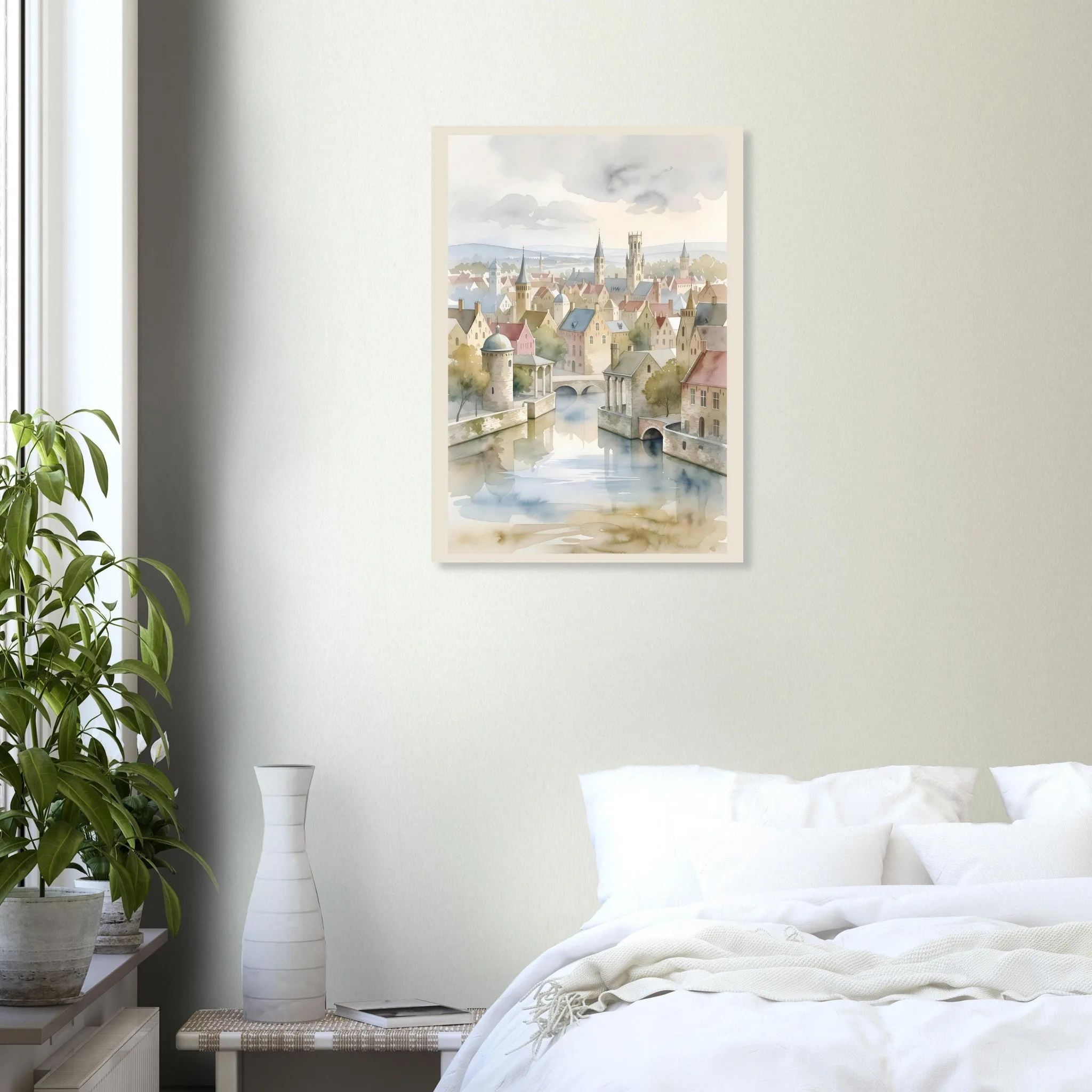 Watercolour landscape poster of Bruges — warm minimalist design, from €19
