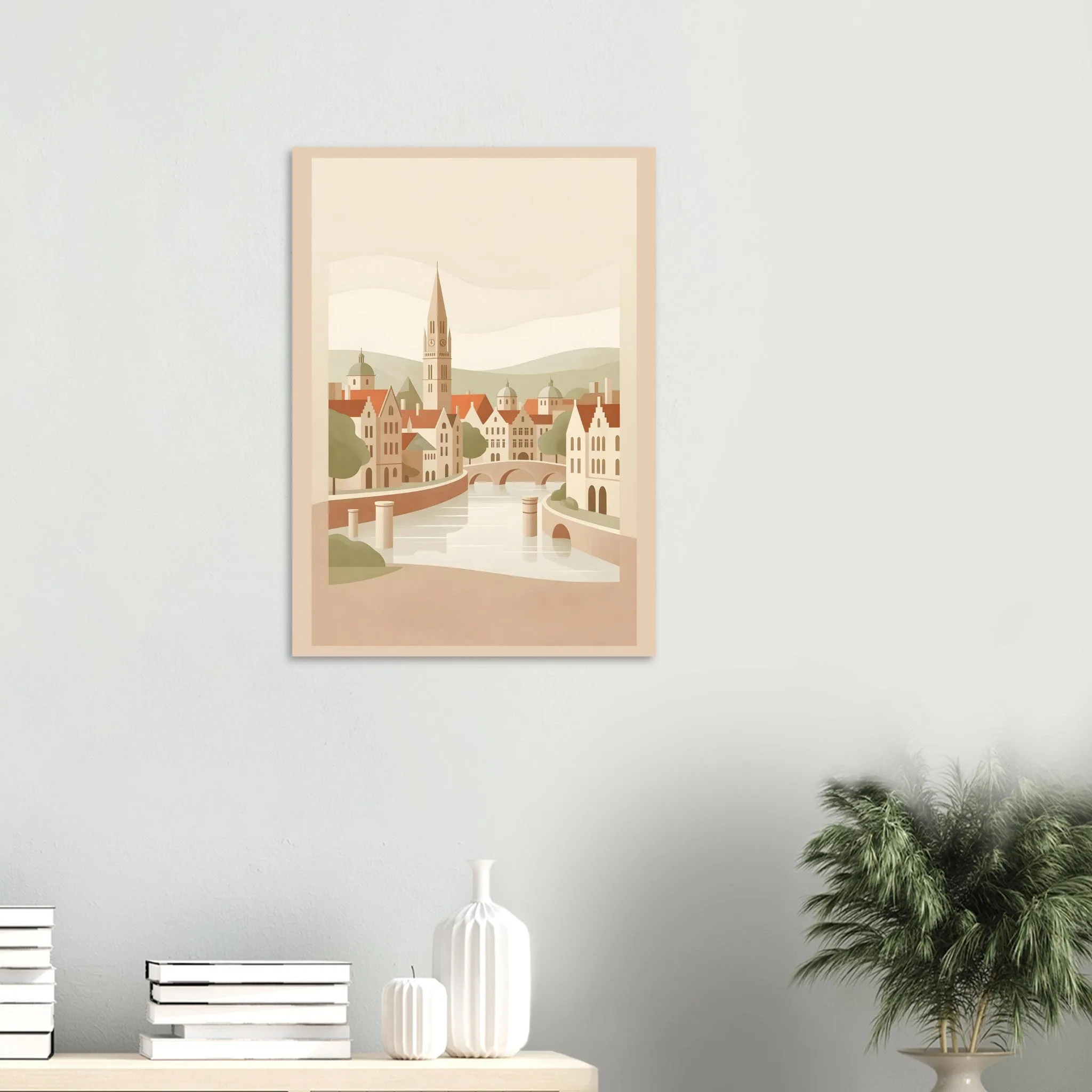 Flat vector illustration poster of Bruges — warm minimalist design, from €19