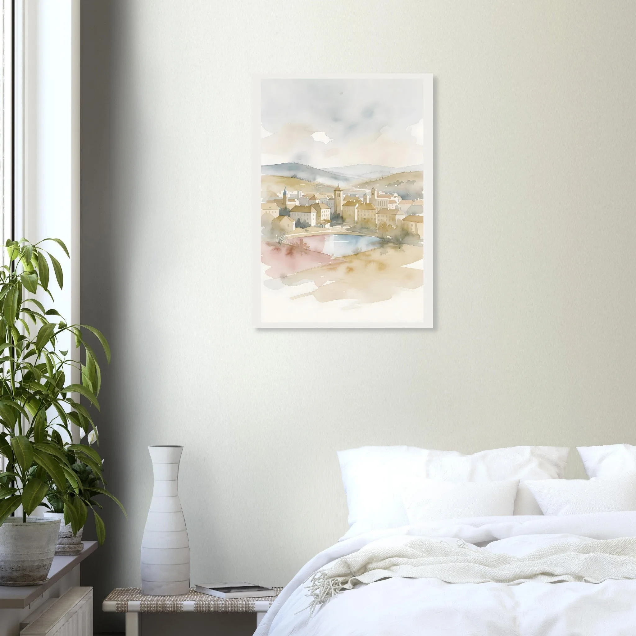 Watercolour landscape poster of Brno — warm minimalist design, from €19