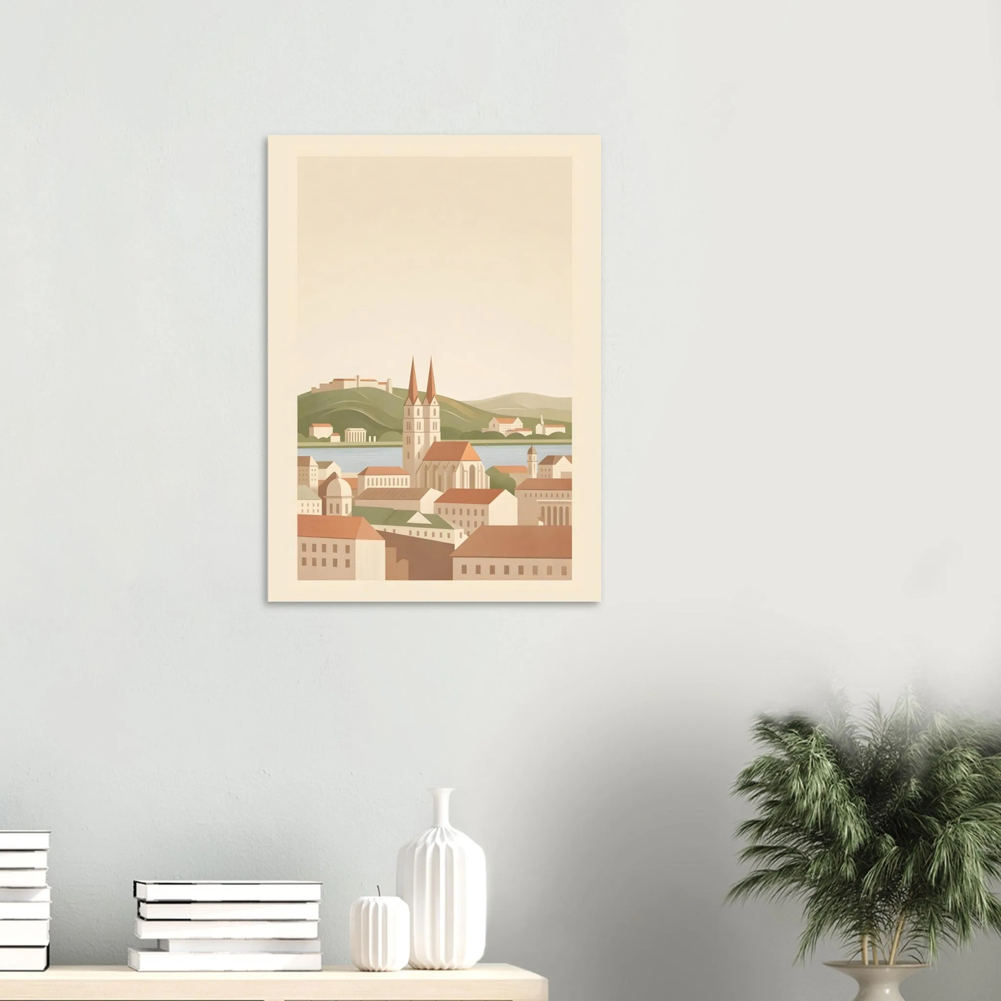 Flat vector illustration poster of Brno — warm minimalist design, from €19