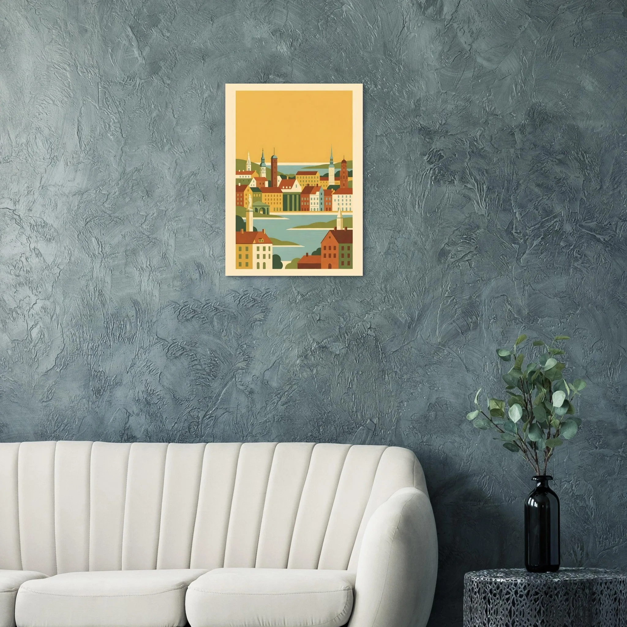 Mid-century modern poster of København — warm minimalist design, from €19