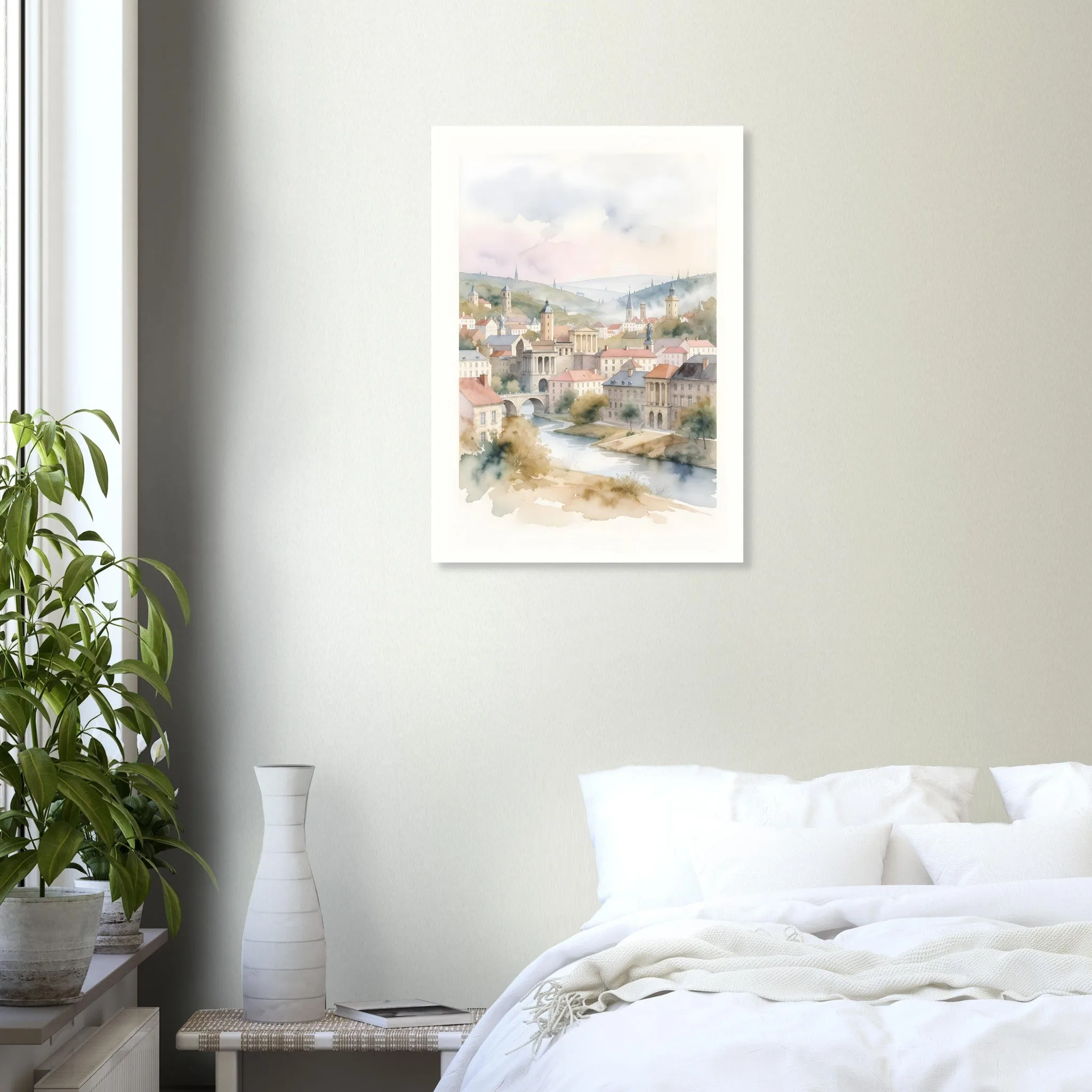 Watercolour landscape poster of Liège — warm minimalist design, from €19