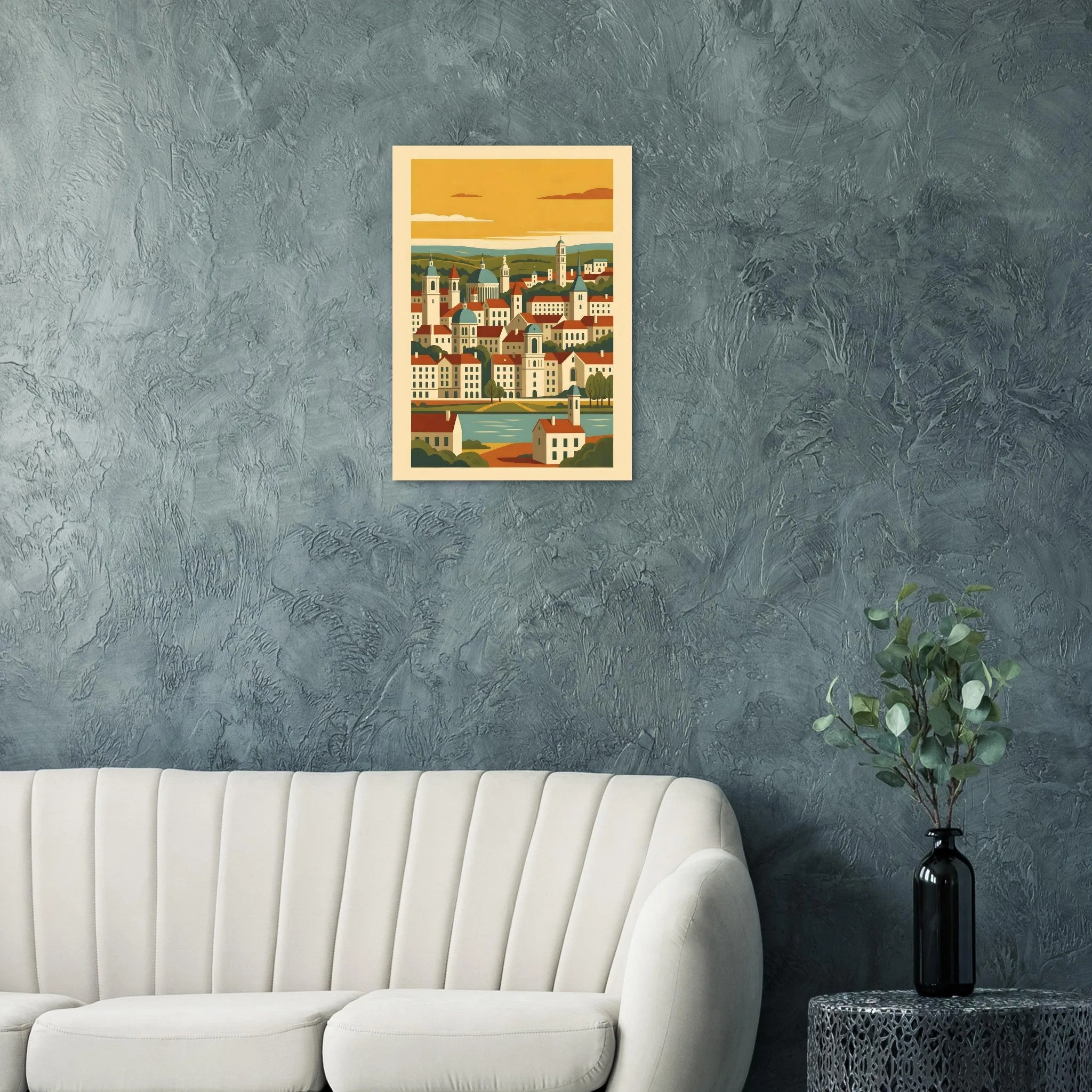 Mid-century modern poster of Louvain — warm minimalist design, from €19