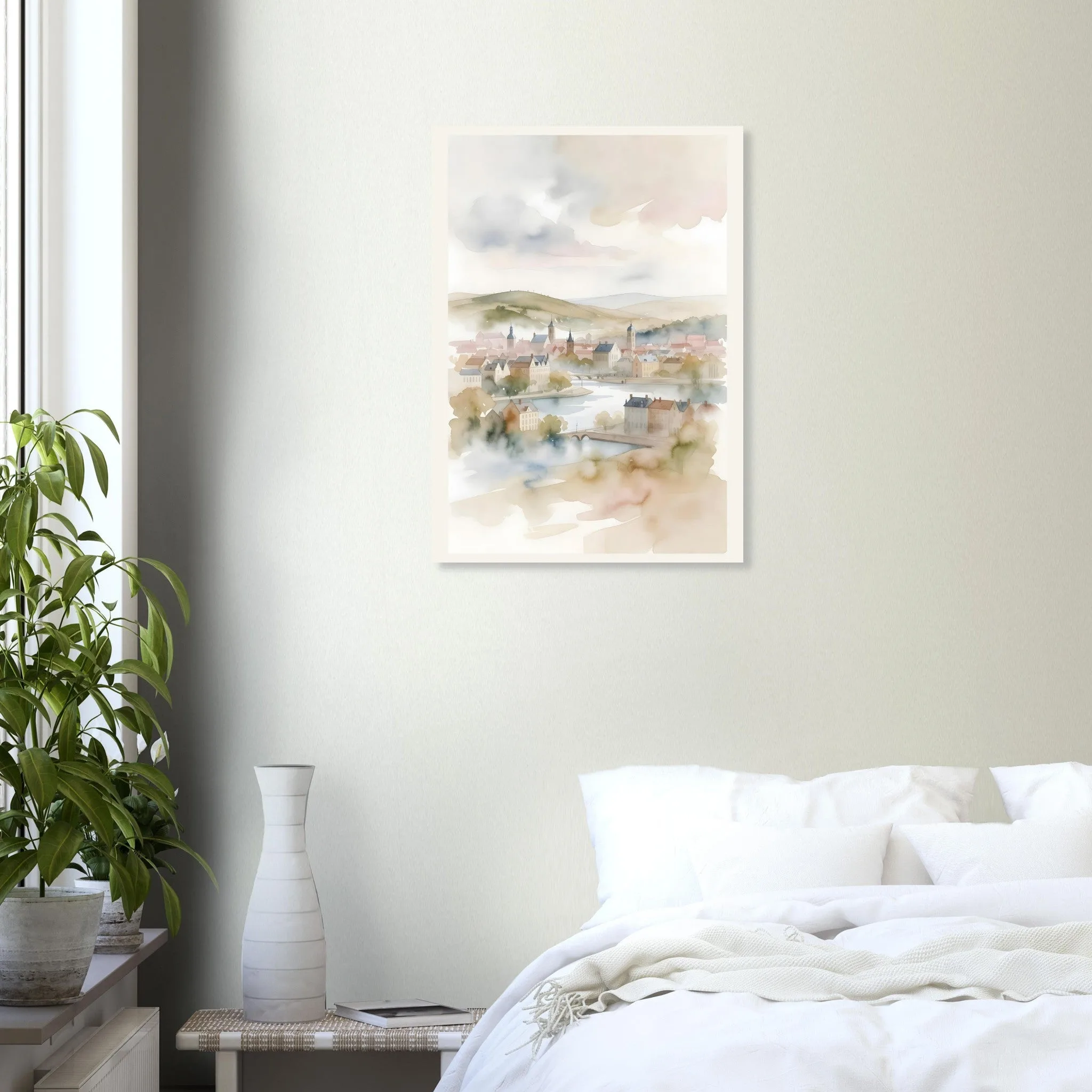 Watercolour landscape poster of Louvain — warm minimalist design, from €19
